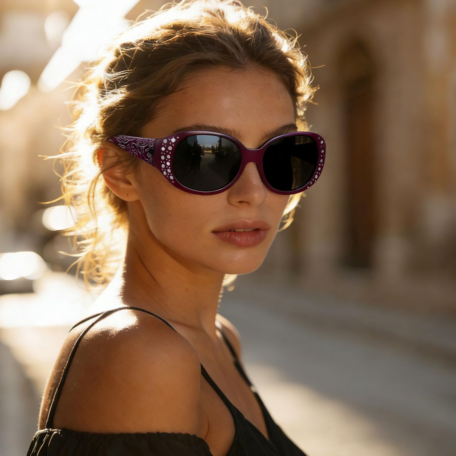HAOLOTA Polarized Sunglasses for Women Rhinestone Wrap Around SG0008