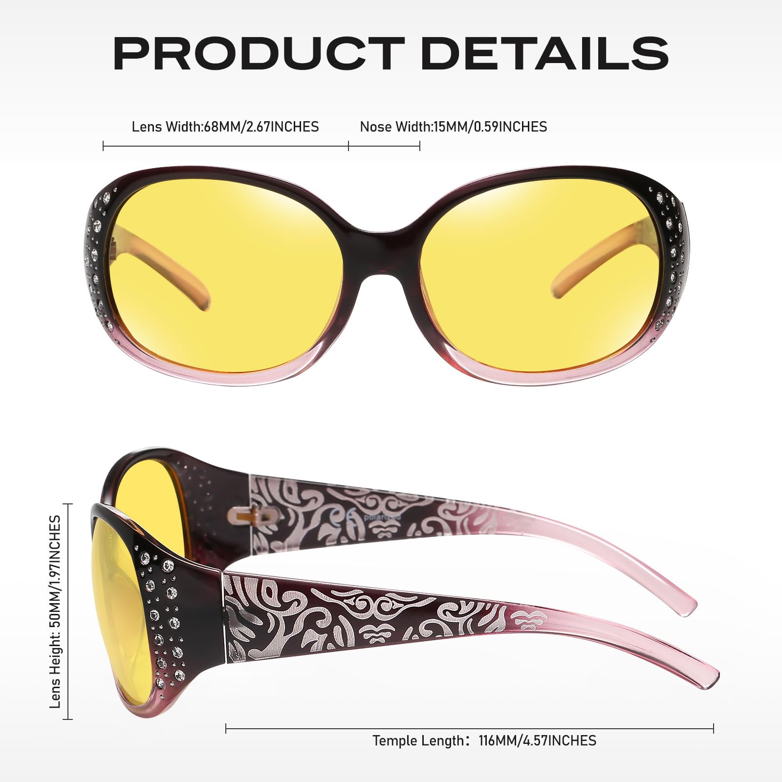 HAOLOTA Women Night Vision Driving Glasses Polarized HD Yellow Tinted Anti Glare NV0008