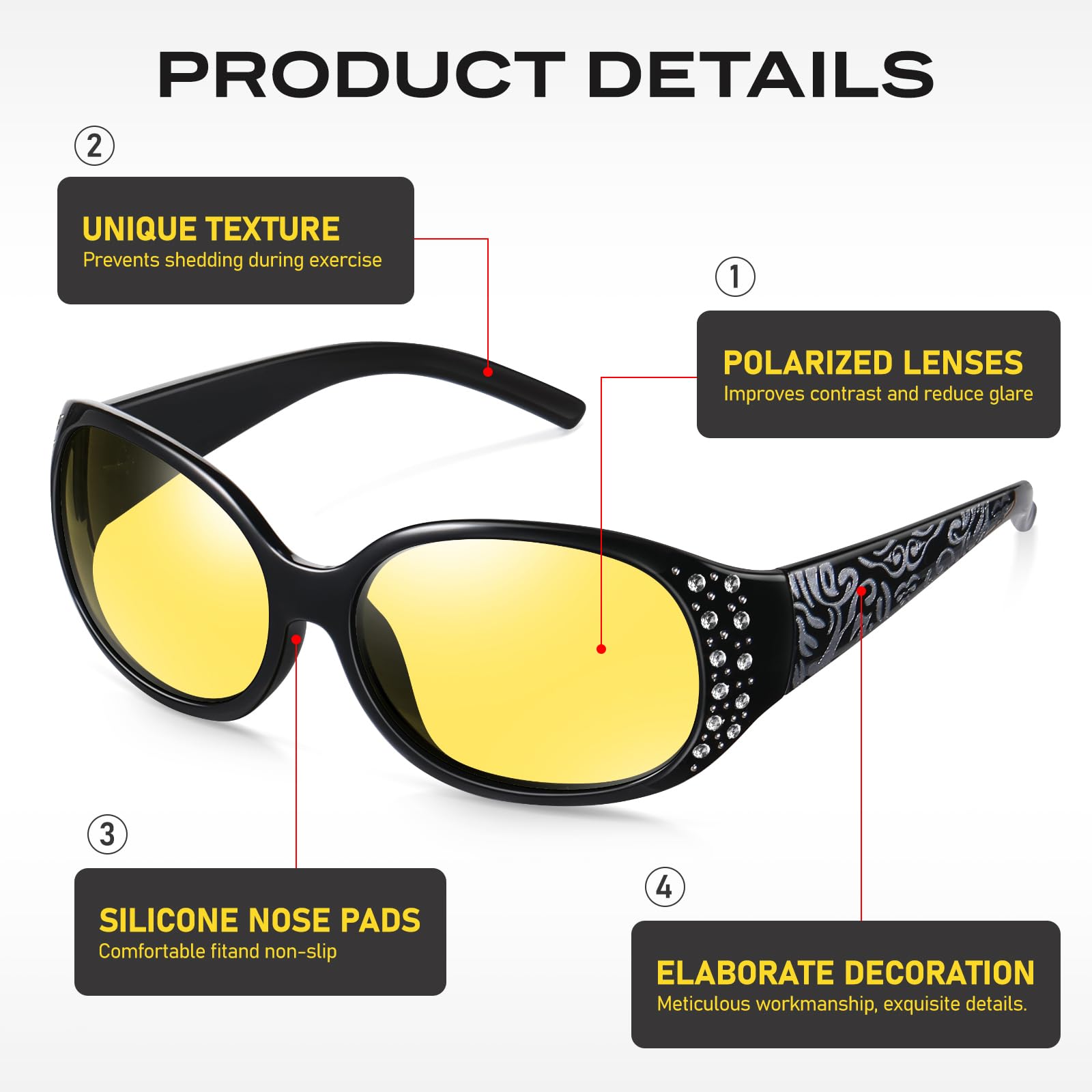 HAOLOTA Women Night Vision Driving Glasses Polarized HD Yellow Tinted Anti Glare NV0008