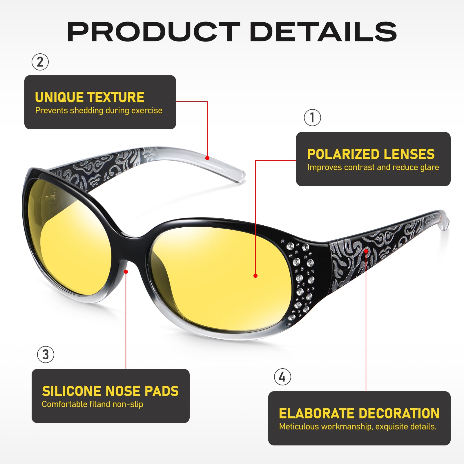 HAOLOTA Women Night Vision Driving Glasses Polarized HD Yellow Tinted Anti Glare NV0008