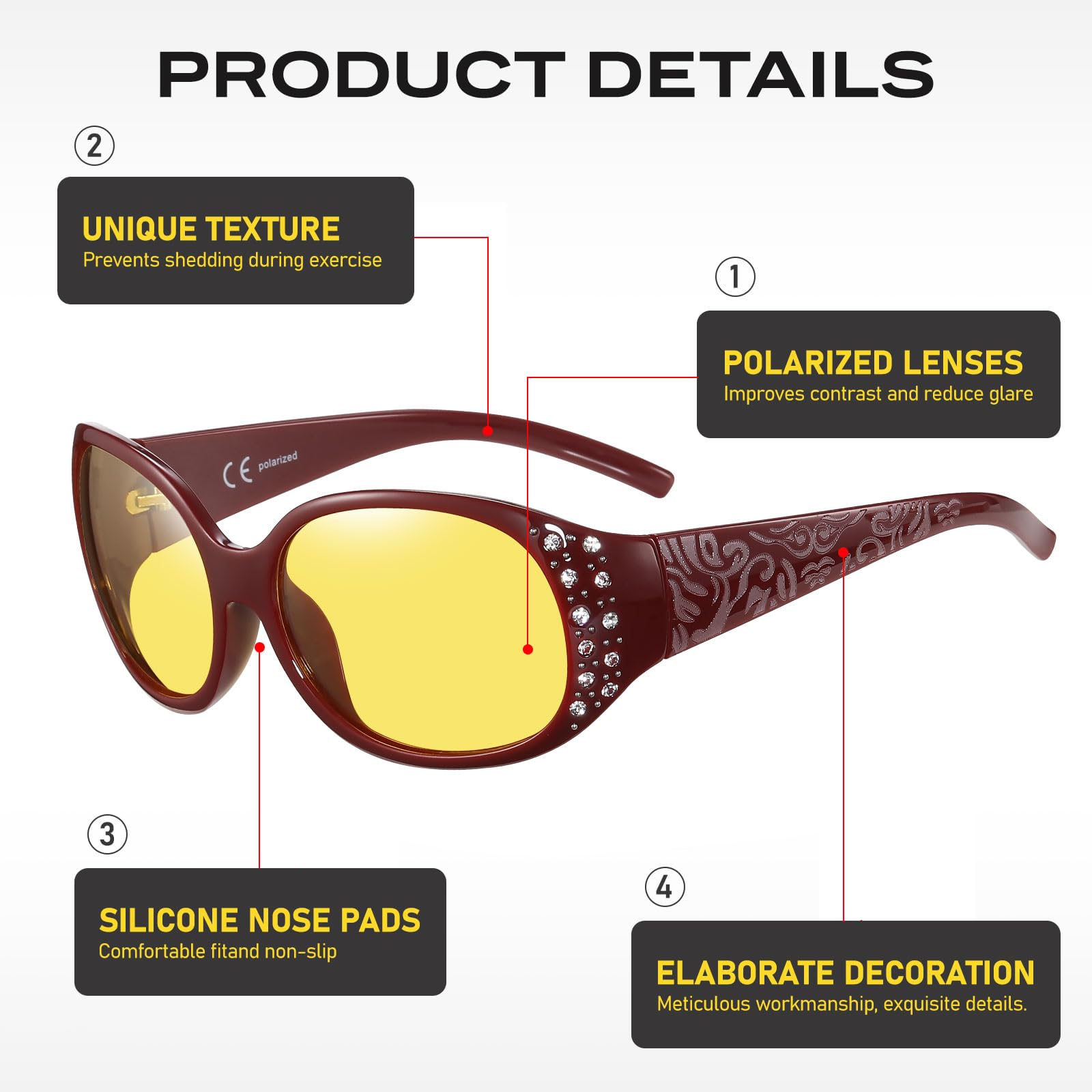 HAOLOTA Women Night Vision Driving Glasses Polarized HD Yellow Tinted Anti Glare NV0008