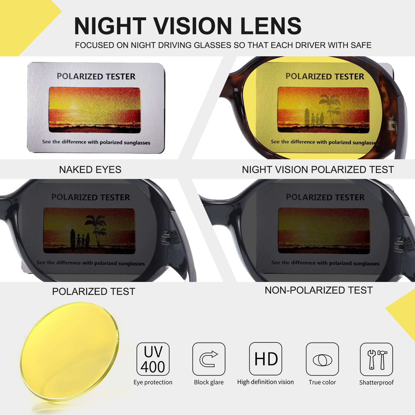 HAOLOTA Women Night Vision Driving Glasses Polarized HD Yellow Tinted Anti Glare NV0008