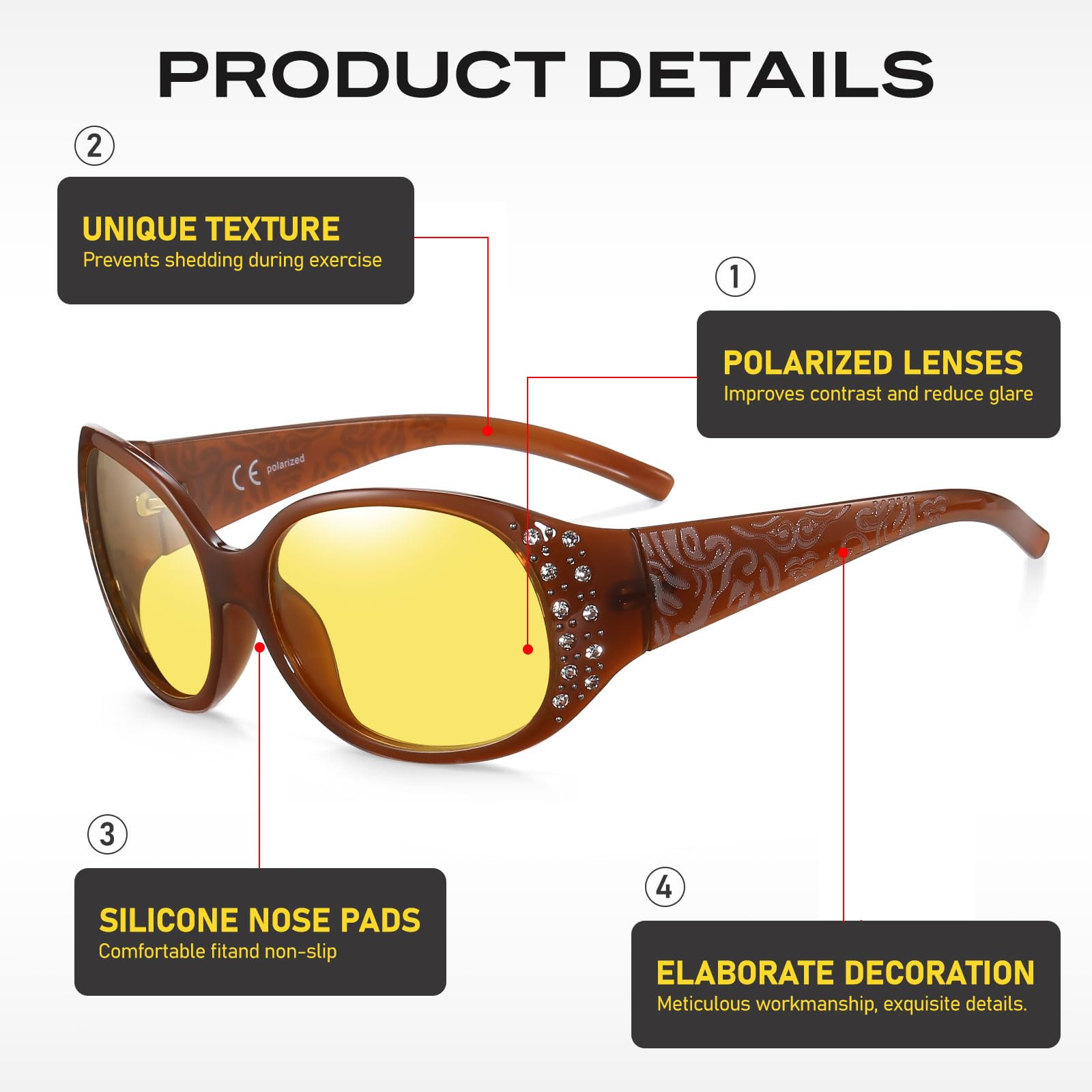 HAOLOTA Women Night Vision Driving Glasses Polarized HD Yellow Tinted Anti Glare NV0008