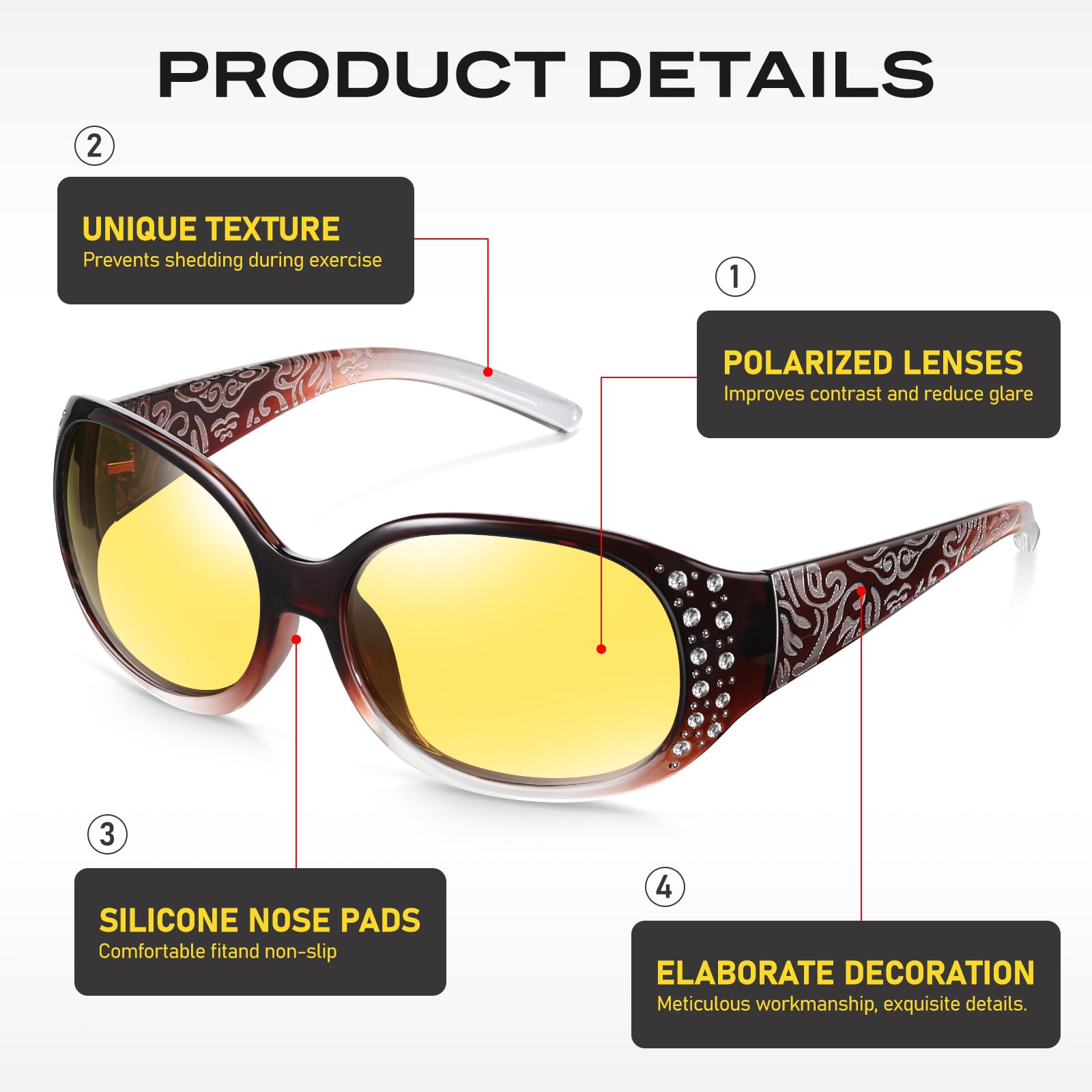 HAOLOTA Women Night Vision Driving Glasses Polarized HD Yellow Tinted Anti Glare NV0008