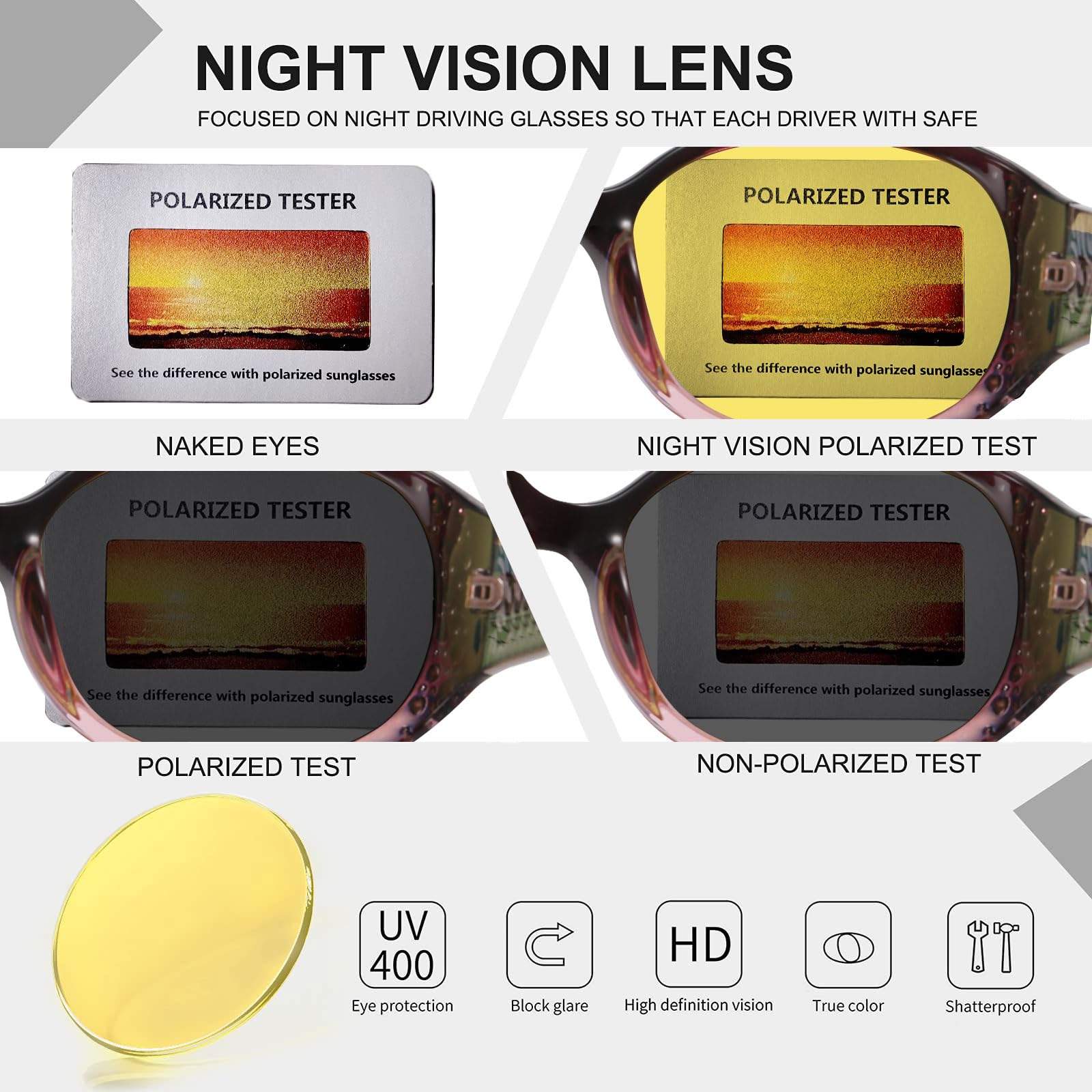 HAOLOTA Women Night Vision Driving Glasses Polarized HD Yellow Tinted Anti Glare NV0008