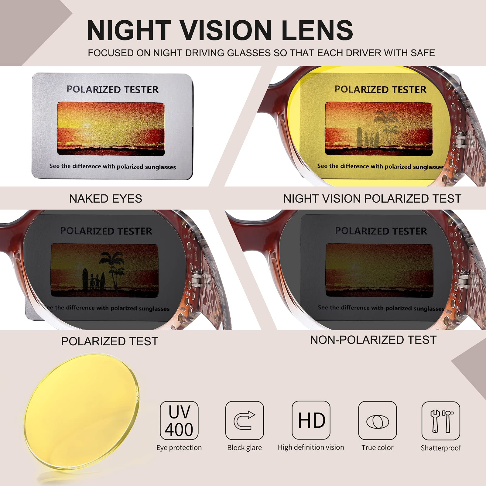 HAOLOTA Women Night Vision Driving Glasses Polarized HD Yellow Tinted Anti Glare NV0008