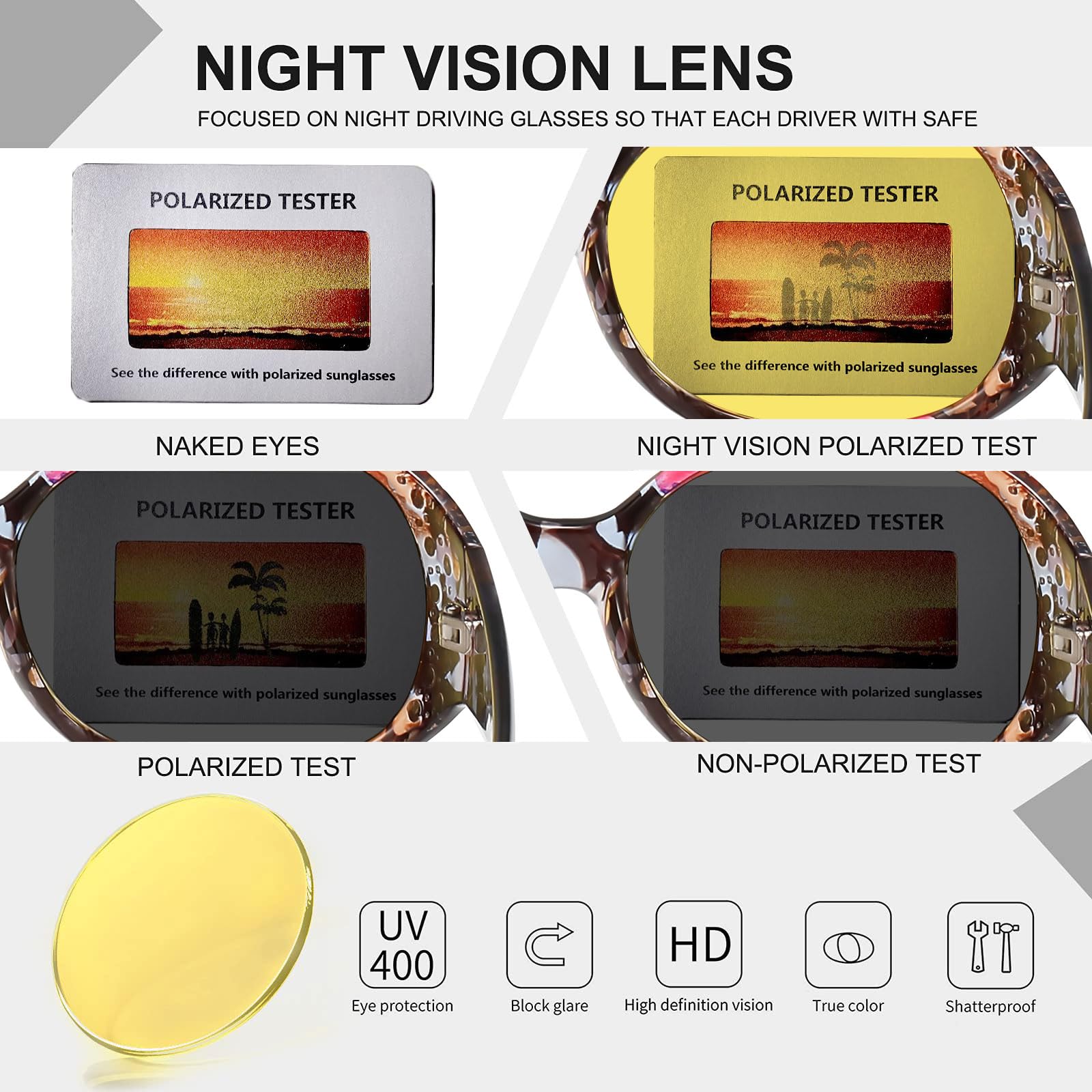 HAOLOTA Women Night Vision Driving Glasses Polarized HD Yellow Tinted Anti Glare NV0008
