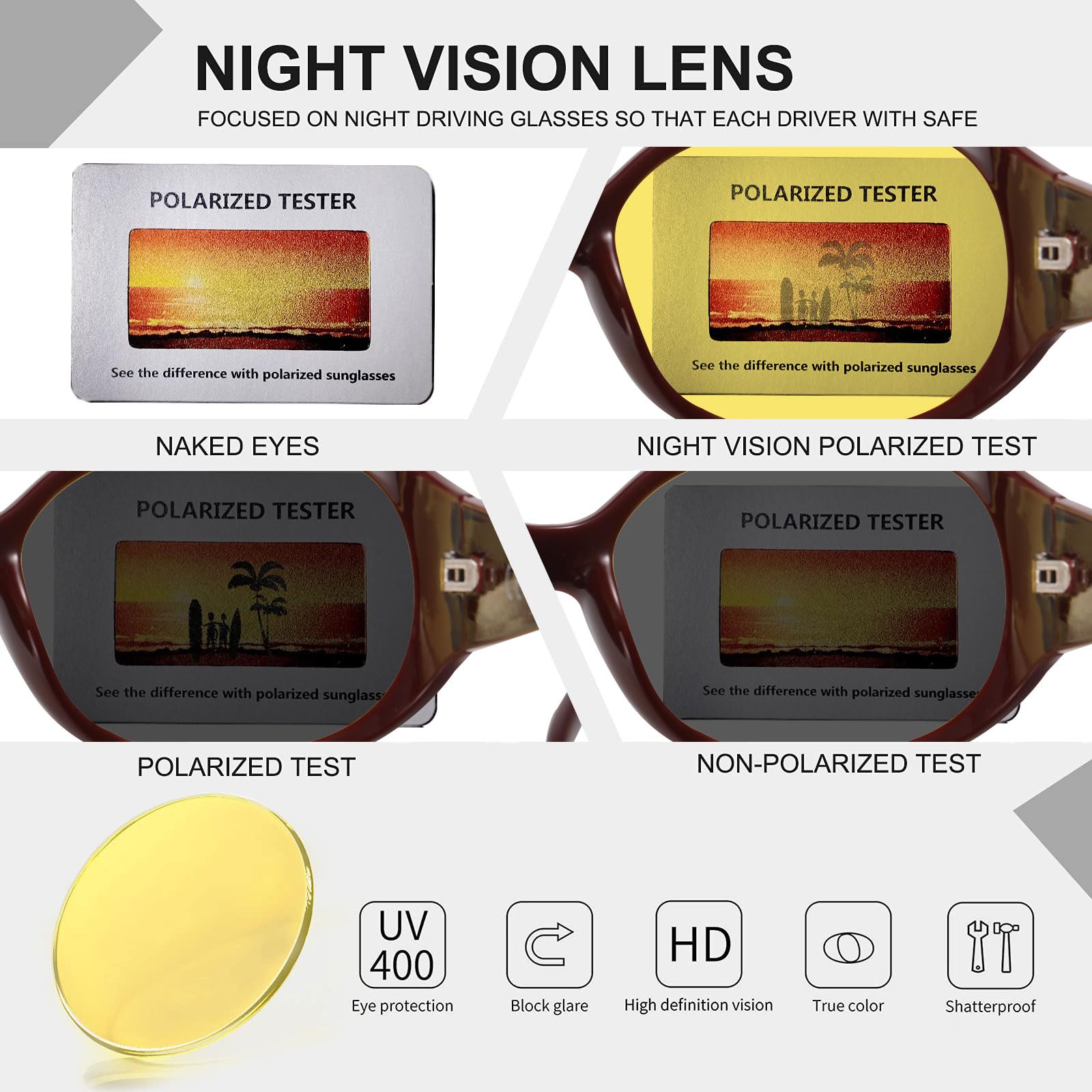 HAOLOTA Women Night Vision Driving Glasses Polarized HD Yellow Tinted Anti Glare NV0008