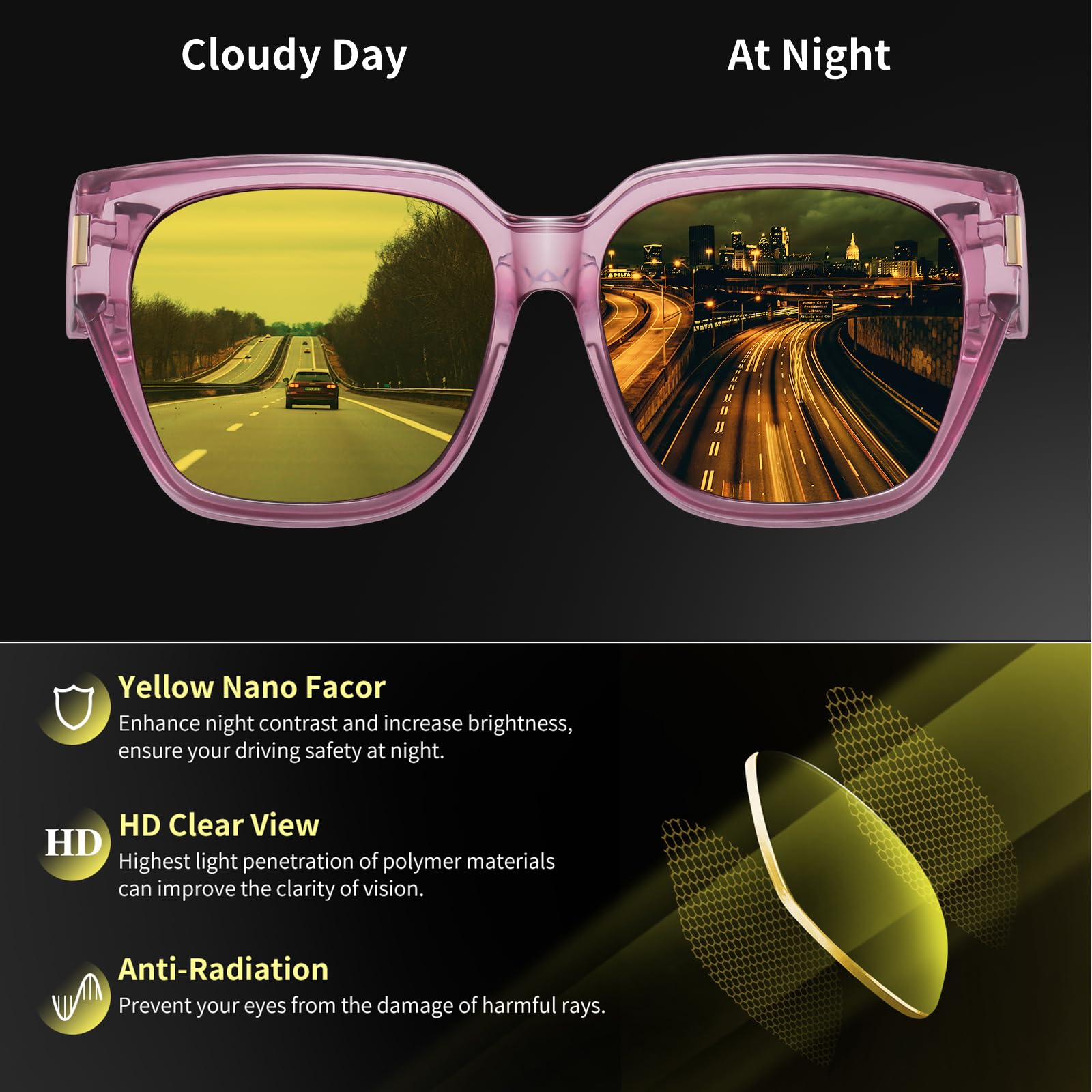 HAOLOTA Polarized Night Vision Driving Glasses for Women Fit over Eyeglasses Anti Glare NV0512