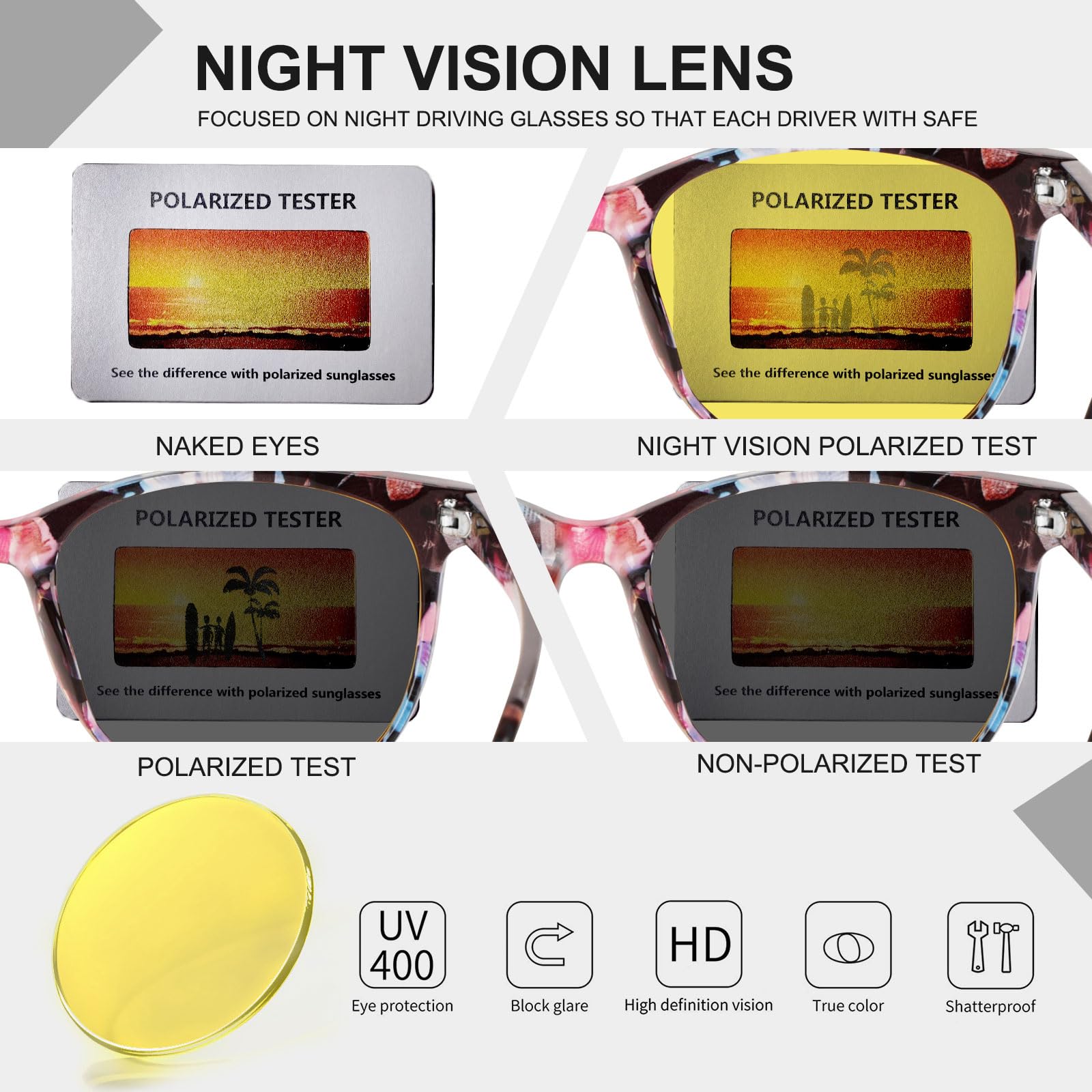 HAOLOTA Night Vision Driving Glasses Yellow Tinted Anti Glare Women NV8081