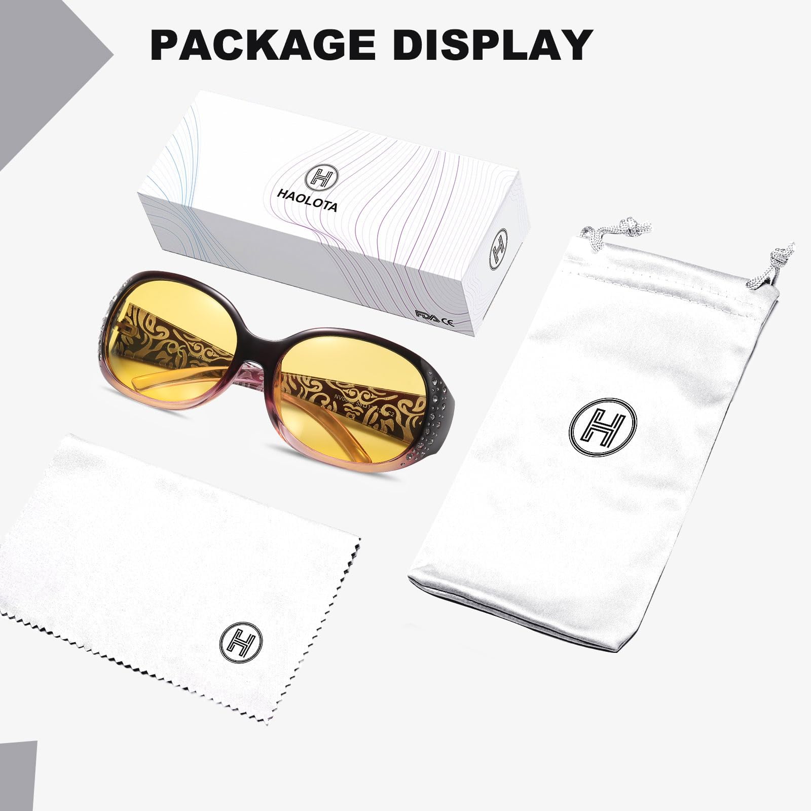 HAOLOTA Women Night Vision Driving Glasses Polarized HD Yellow Tinted Anti Glare NV0008